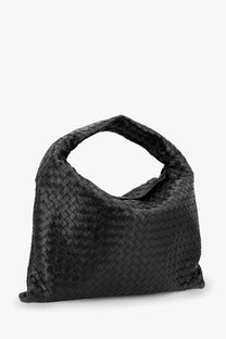 Bottega Veneta women’s hop hobo leather shoulder bag in black with woven pattern and soft rounded handles