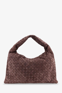 Bottega Veneta women’s hop leather shoulder bag in brown suede with a woven diamond pattern and twisted top handle