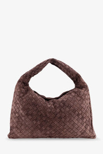 Bottega veneta women’s brown leather shoulder bag with suede woven diamond pattern and soft structured silhouette