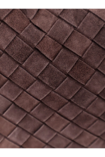 Brown suede woven strap with diamond-patterned texture on bottega veneta women’s hop leather shoulder bag brown