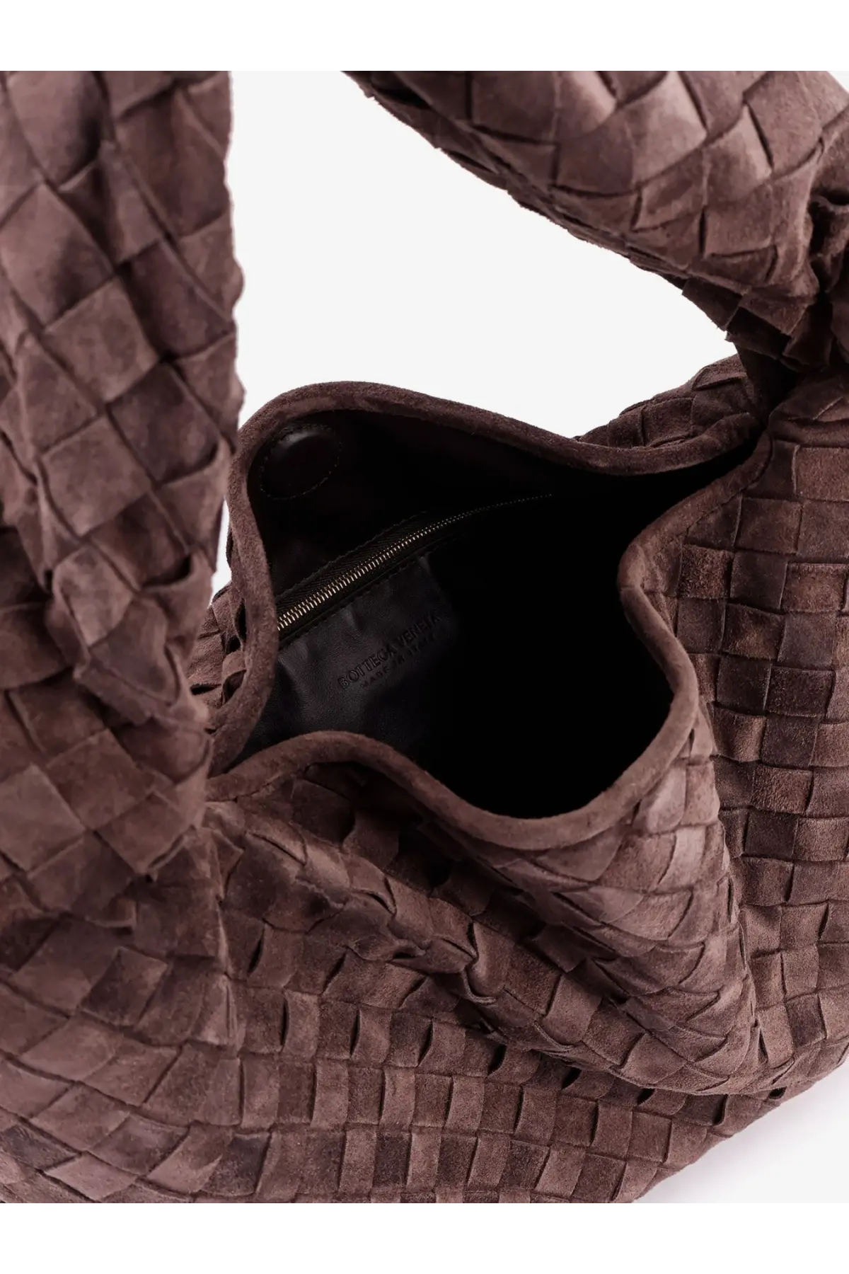 Bottega Veneta women’s hop leather shoulder bag brown with braided texture brown suede and soft plush interior lining