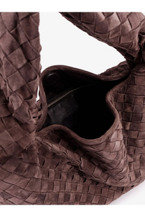 Bottega Veneta women’s hop leather shoulder bag brown with braided texture brown suede and soft plush interior lining