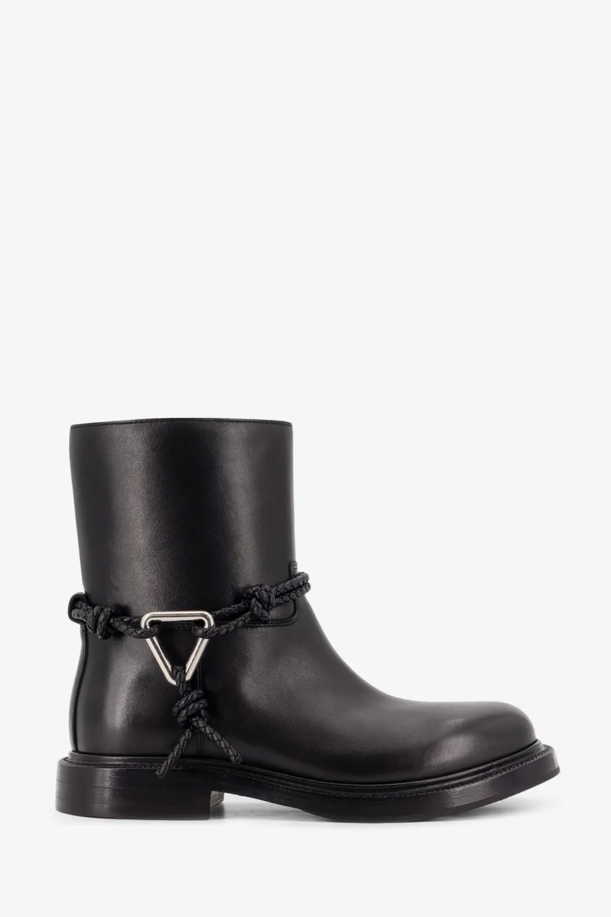 Bottega Veneta women’s James black leather ankle boot with braided cord and silver triangular buckle
