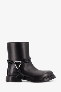 Bottega Veneta women’s James black leather ankle boot with braided cord and silver triangular buckle