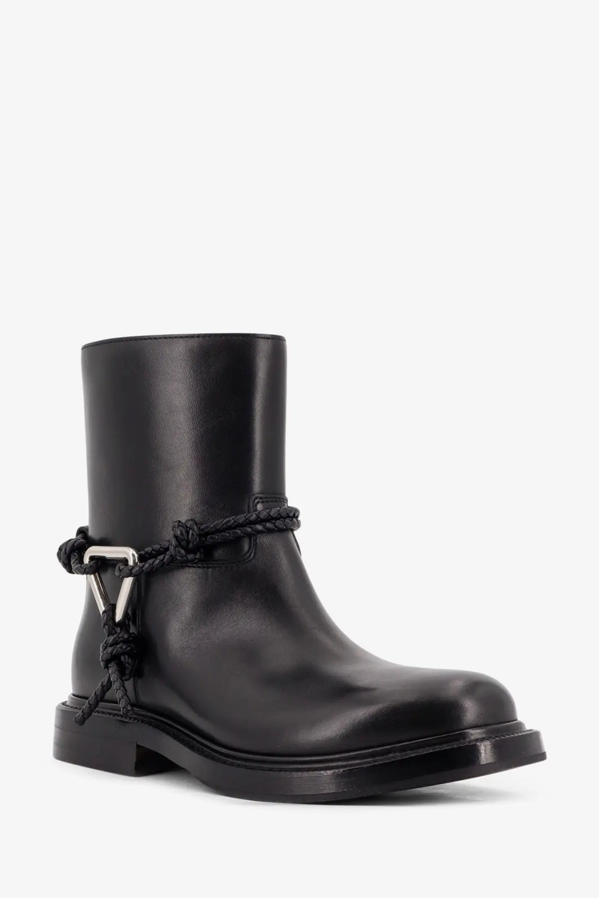 Bottega Veneta women’s black leather ankle boot with braided rope detail and silver-toned triangular buckle