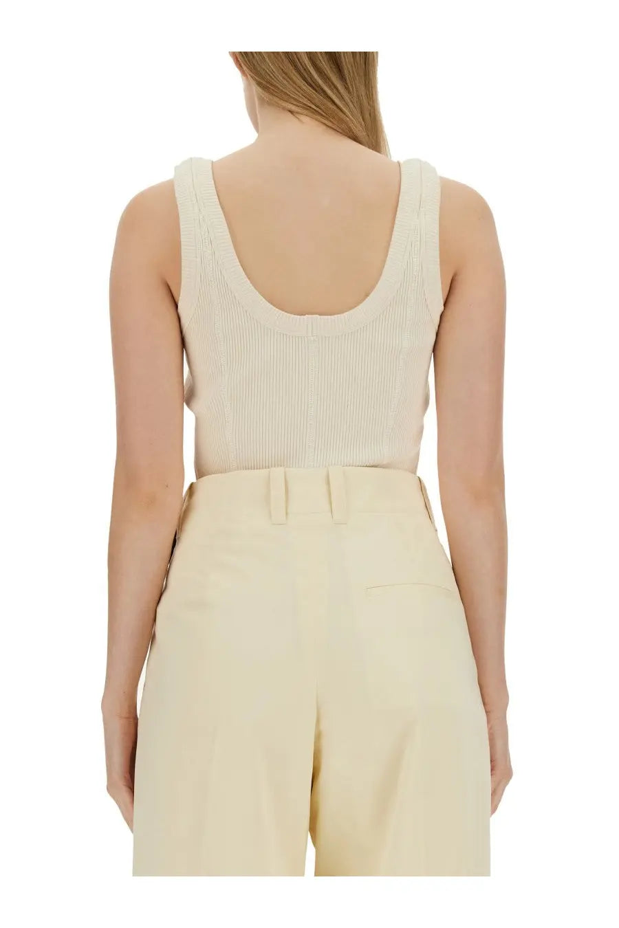 Cream-colored ribbed knit tank top with rounded scoop neckline and thin straps from Bottega Veneta women’s jersey top white