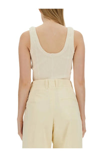 Cream-colored ribbed knit tank top with rounded scoop neckline and thin straps from Bottega Veneta women’s jersey top white