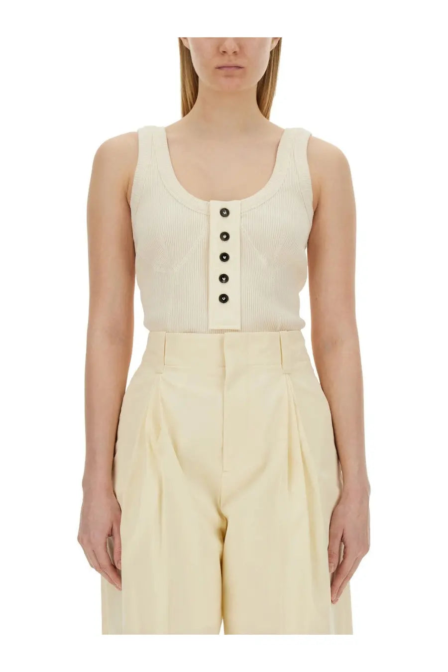 Cream-colored Bottega Veneta women’s ribbed knit tank top with button-front detail in jersey fabric