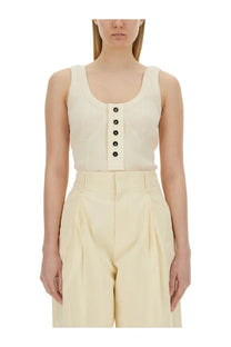 Cream-colored Bottega Veneta women’s ribbed knit tank top with button-front detail in jersey fabric
