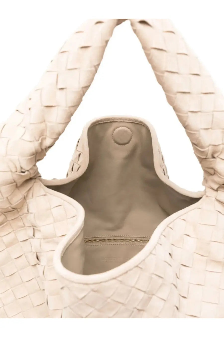 Bottega Veneta women’s large Hop bag in beige cream woven leather with a structured braided design and soft lining