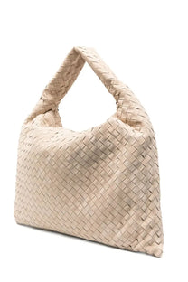 Beige woven leather hobo bag with distinctive knot handle from bottega veneta large hop bag collection