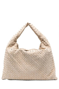 Beige woven leather hobo bag with twisted handles by bottega veneta for women large hop bag