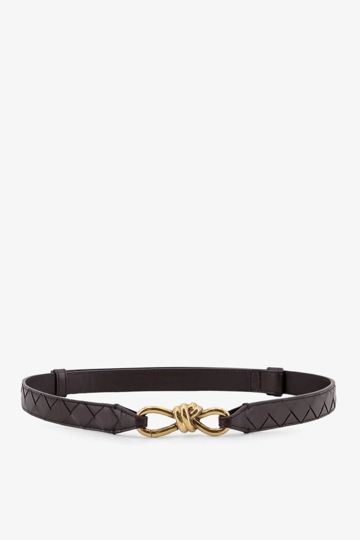 Bottega Veneta women’s brown leather belt with a gold-tone infinity knot buckle and woven triangular pattern