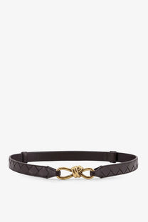 Bottega Veneta women’s brown leather belt with a gold-tone infinity knot buckle and woven triangular pattern