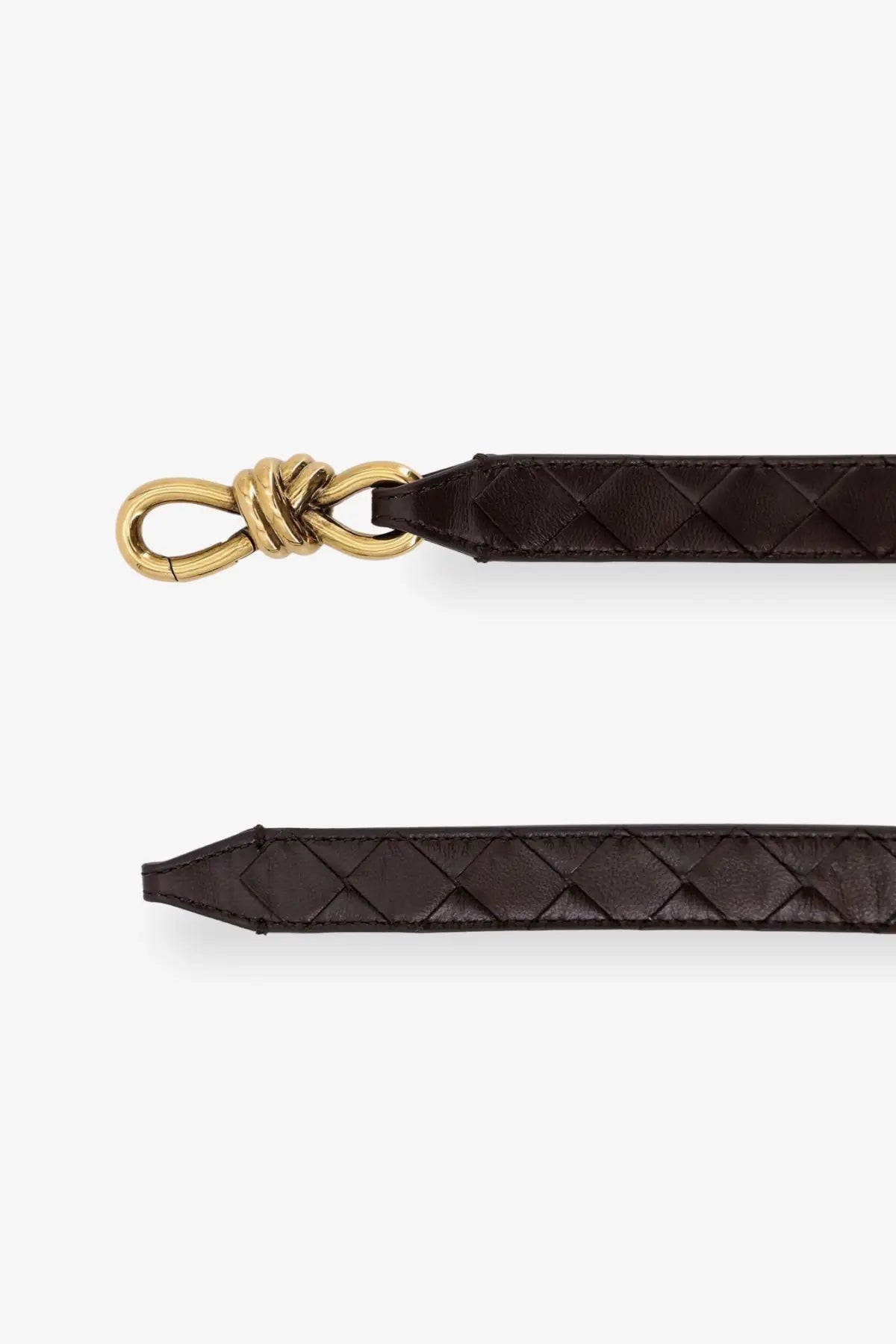 Bottega Veneta women’s dark brown leather belt with woven strap and gold tone knot clasp