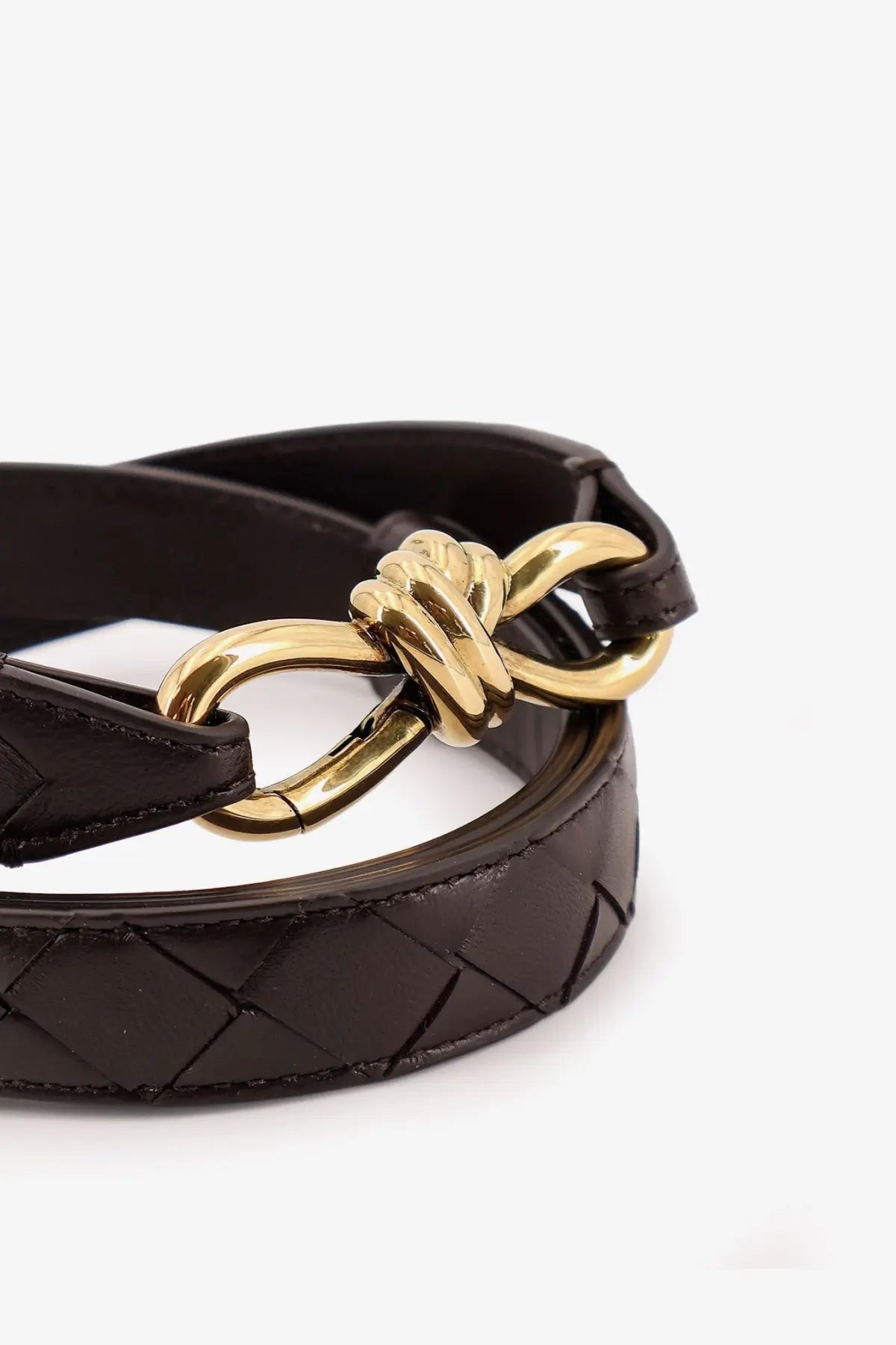 Bottega Veneta women’s dark brown woven leather belt with gold-tone knot-style buckle