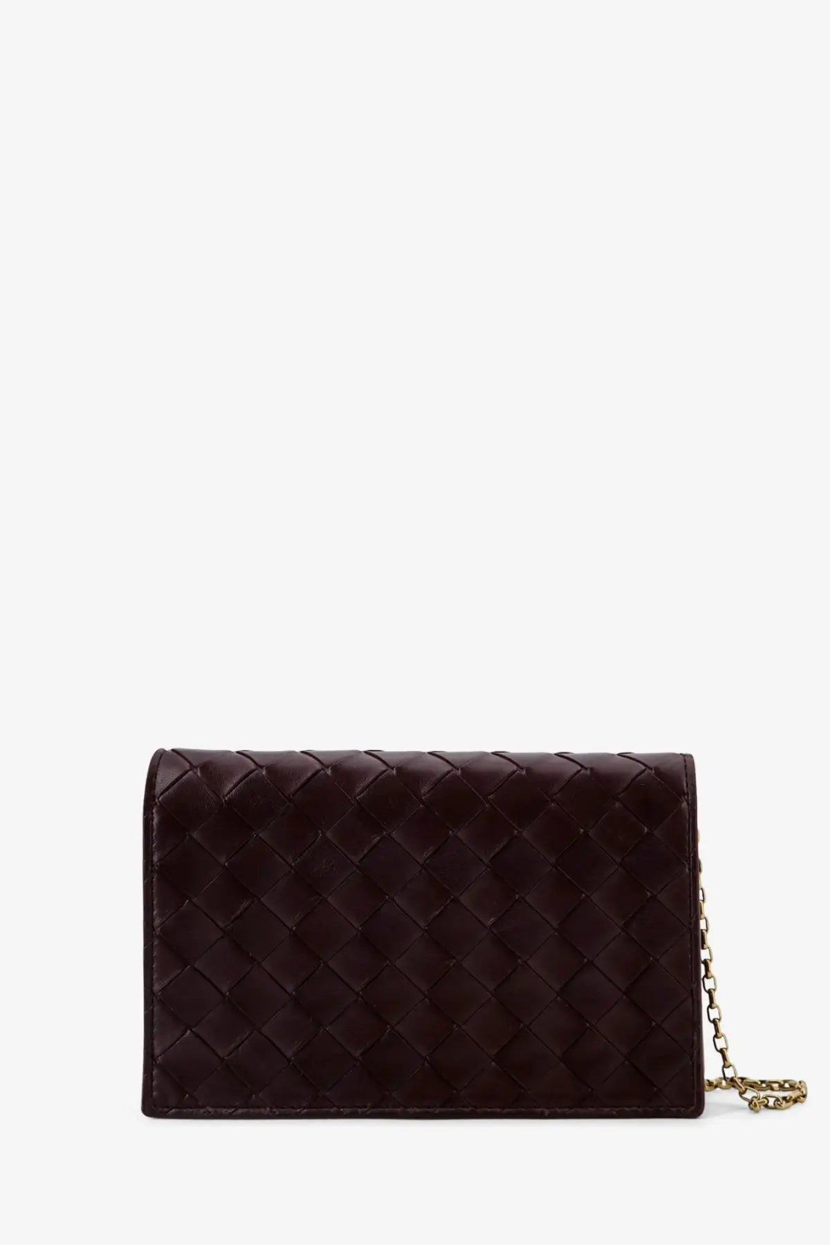 Bottega Veneta women’s leather crossbody bag in dark brown intrecciato leather with gold-tone chain strap