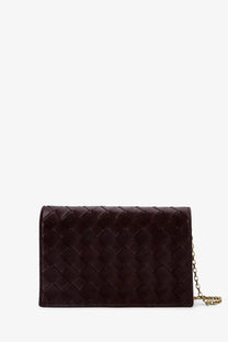 Bottega Veneta women’s leather crossbody bag in dark brown intrecciato leather with gold-tone chain strap