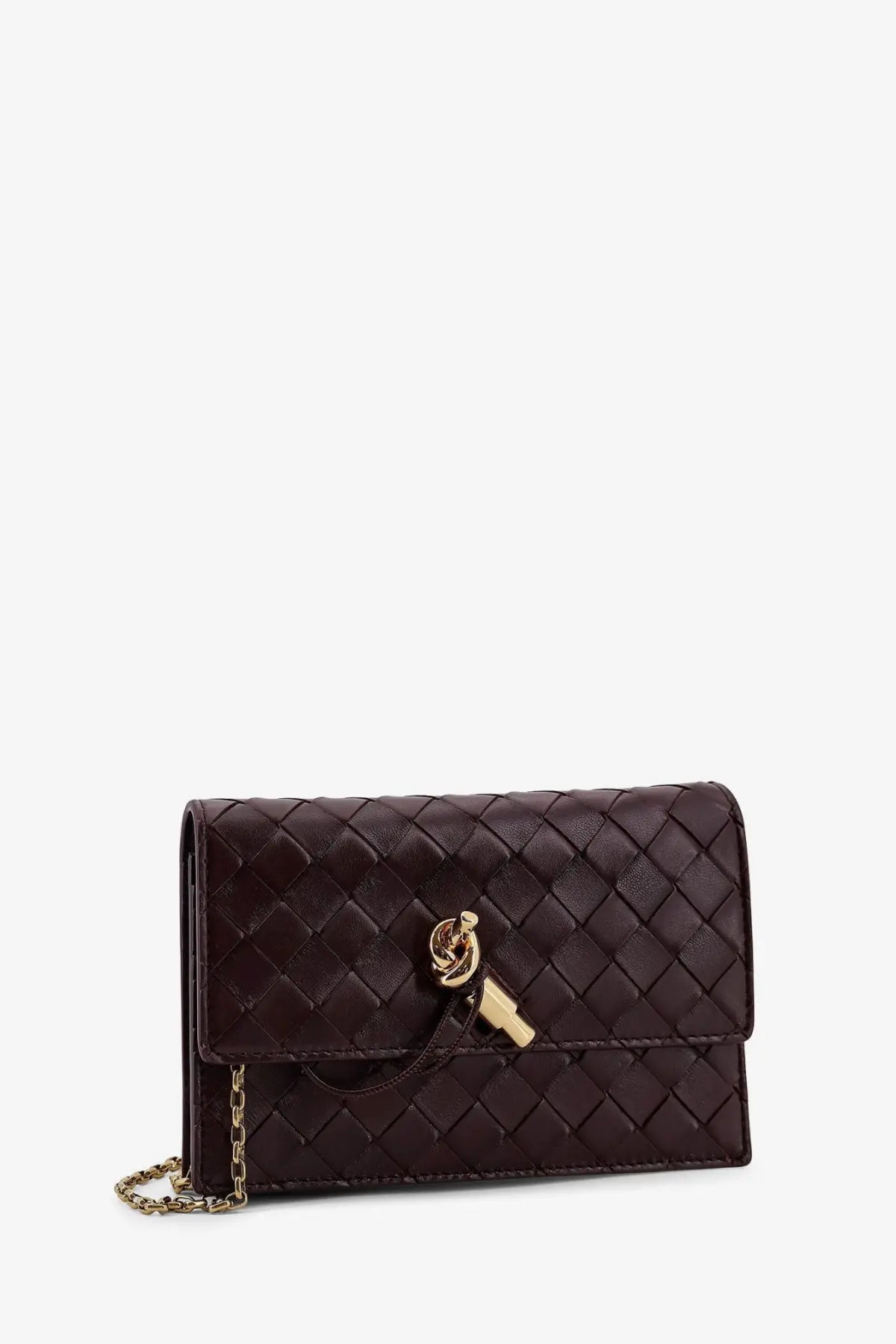 Bottega Veneta women’s dark brown woven leather clutch with gold-tone hardware and chain strap crossbody bag