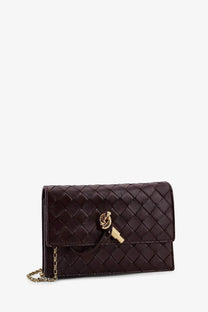 Bottega Veneta women’s dark brown woven leather clutch with gold-tone hardware and chain strap crossbody bag