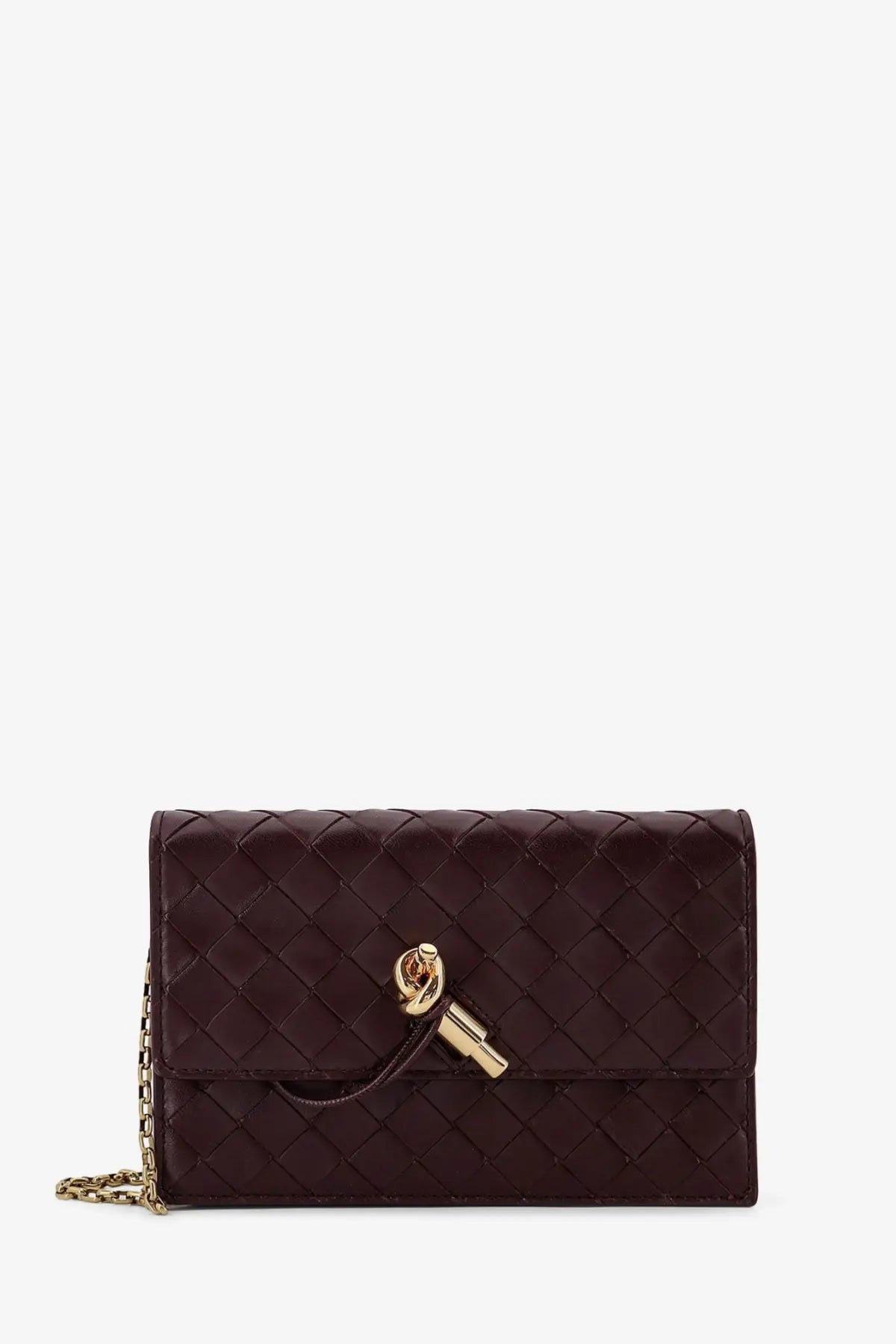 Bottega Veneta women’s dark burgundy leather crossbody bag with intrecciato woven pattern and gold-tone hardware