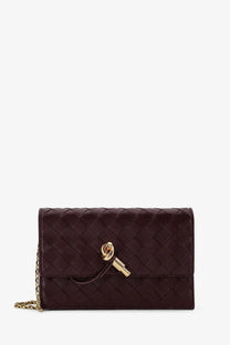 Bottega Veneta women’s dark burgundy leather crossbody bag with intrecciato woven pattern and gold-tone hardware