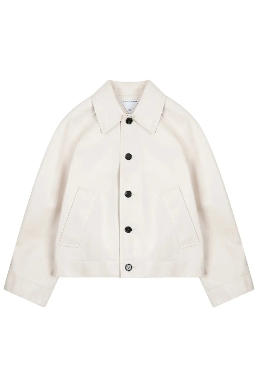 Bottega Veneta women’s off-white wool blend jacket with black buttons and classic collar in leather jacket white line