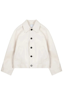 Bottega Veneta women’s off-white wool blend jacket with black buttons and classic collar in leather jacket white line