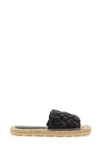 Bottega Veneta women’s black leather slide sandal with braided strap and espadrille sole