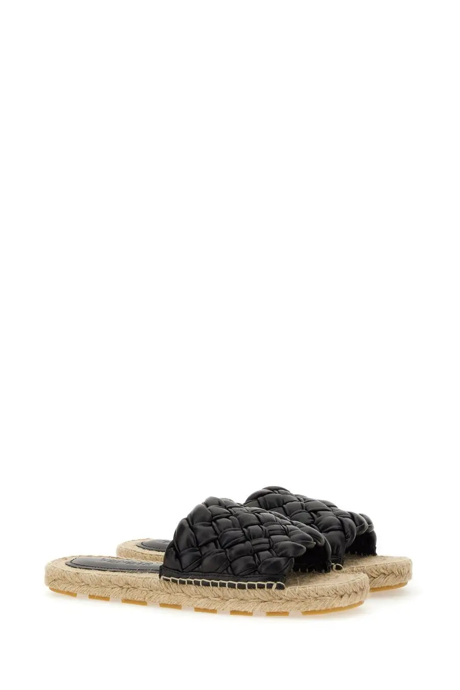 Bottega Veneta women’s black leather slide sandals with woven braided strap and espadrille-style sole