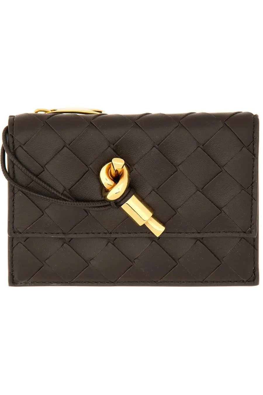 Bottega Veneta women’s brown leather card holder with woven texture and gold-tone knot clasp with adjustable strap