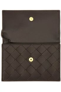 Bottega veneta women’s lets go card holder in brown woven leather with gold-tone hardware for everyday use