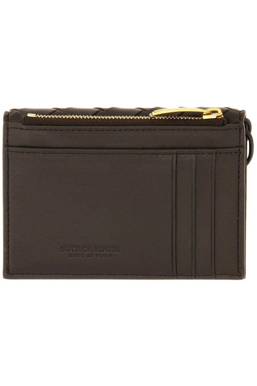 Dark brown leather botegha veneta womens lets go card holder with gold-tone zipper and braided texture on top edge