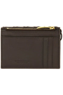 Dark brown leather botegha veneta womens lets go card holder with gold-tone zipper and braided texture on top edge