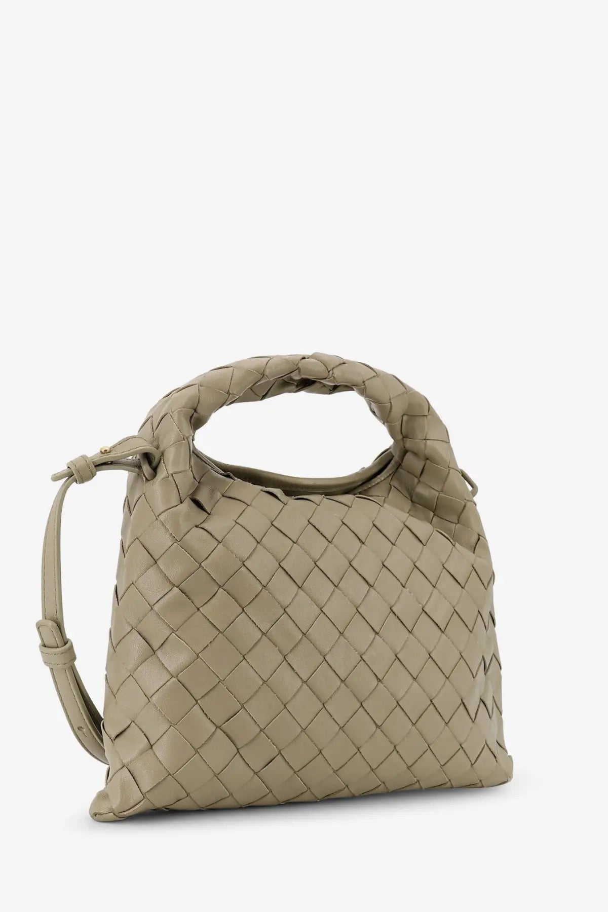 Bottega Veneta women’s mini hop leather crossbody bag in beige with a taupe woven leather pattern and integrated handle