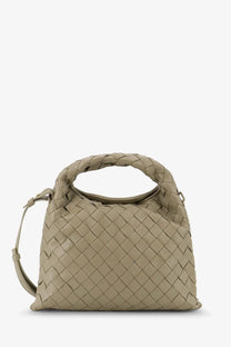 Bottega Veneta women’s mini hop leather crossbody bag in beige with taupe woven leather pattern and top handle