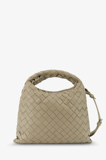 Bottega Veneta women’s mini hop leather crossbody bag in beige with structured diamond-patterned woven leather and adjustable strap