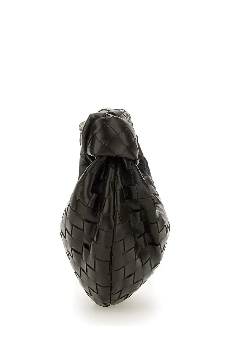 Black woven leather handbag with distinctive knot closure by Bottega Veneta mini Jodie bag in brown