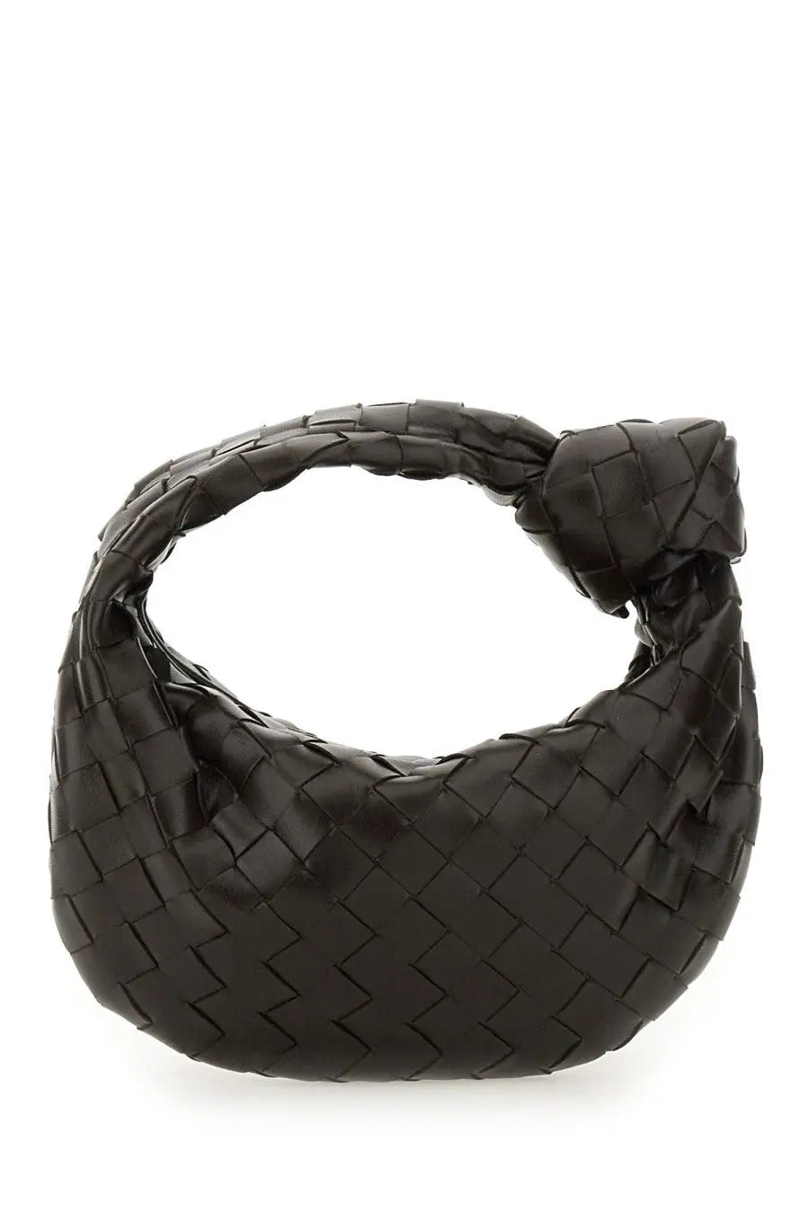 Bottega Veneta women’s mini Jodie bag in brown woven leather with a distinctive knot handle