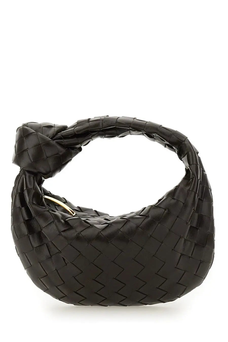 Black woven leather bottega veneta mini jodie bag with distinctive knot handle and gold-tone hardware in brown
