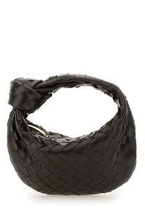 Black woven leather bottega veneta mini jodie bag with distinctive knot handle and gold-tone hardware in brown