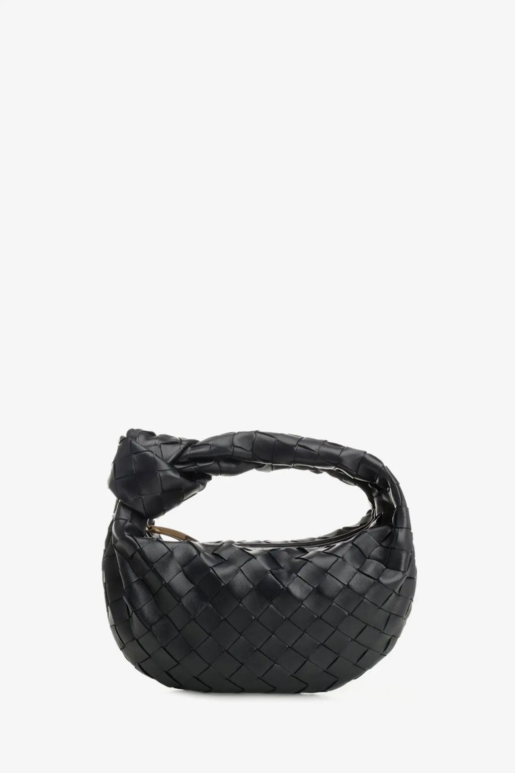 Bottega Veneta women’s mini Jodie black leather handbag with woven design and distinctive knot handle