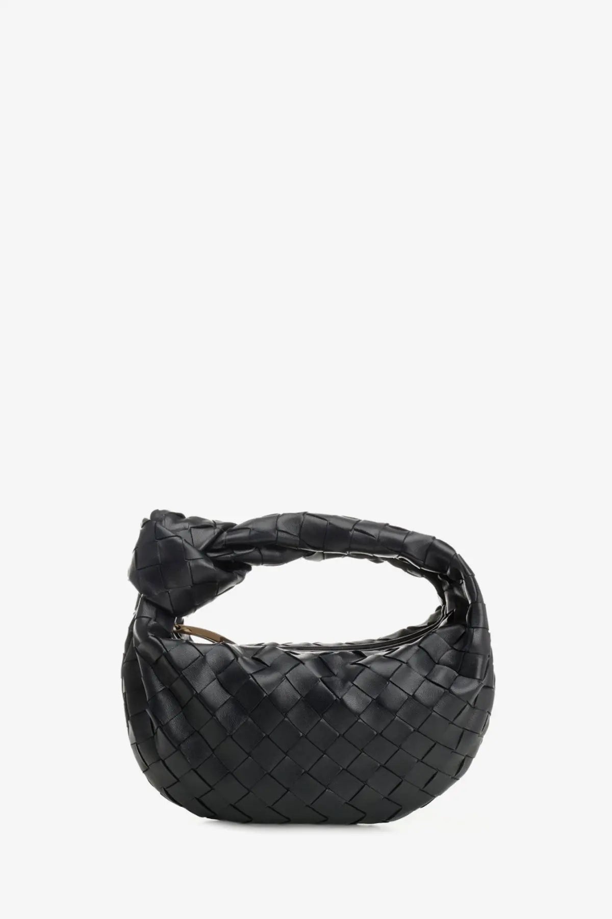 Bottega Veneta women’s mini Jodie black leather handbag with woven design and distinctive knot handle