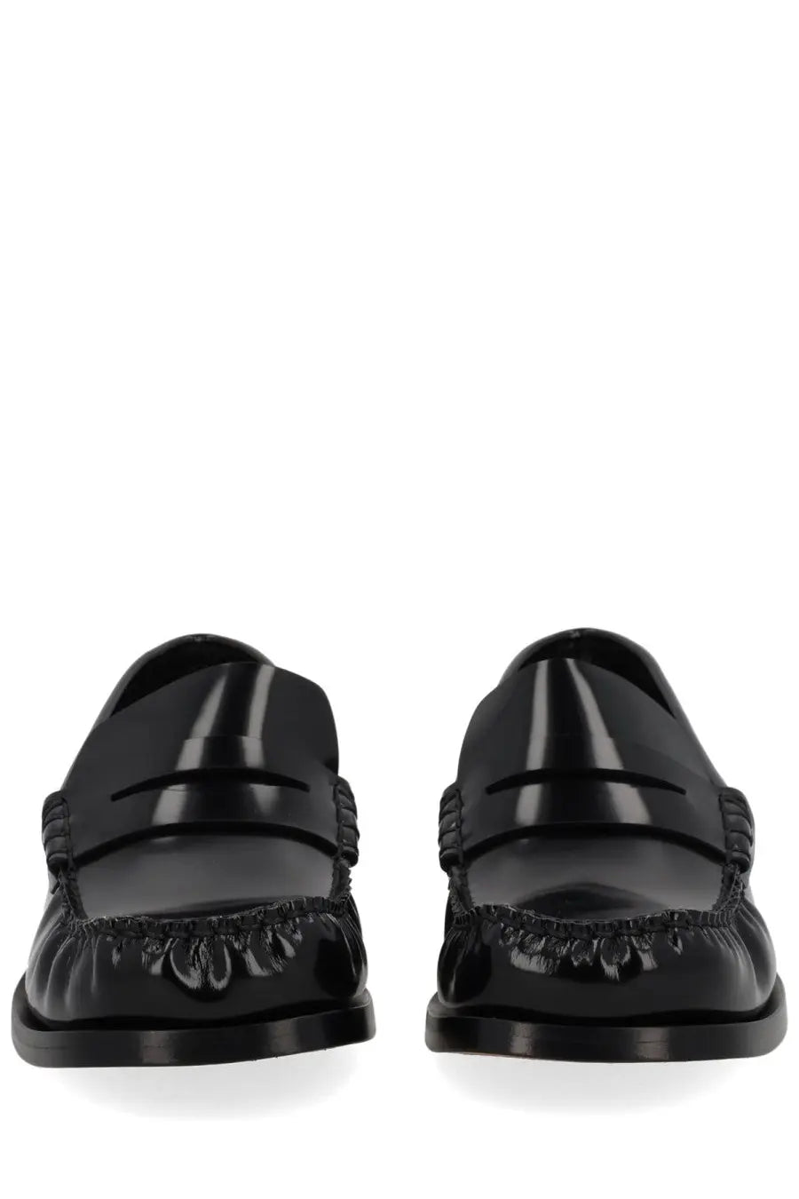 Bottega Veneta women’s Truman black moccasins with glossy patent leather and decorative braided side detailing