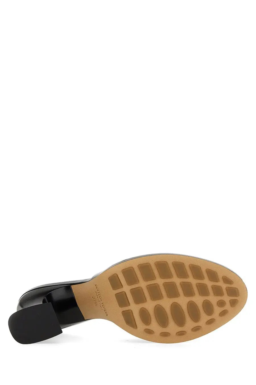 Bottega Veneta women’s mule cha cha black patent leather block heel shoe with tan rubber sole and tread pattern
