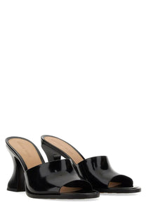 Bottega Veneta women’s mule cha cha black patent leather mules with a sleek glossy finish and curved heel