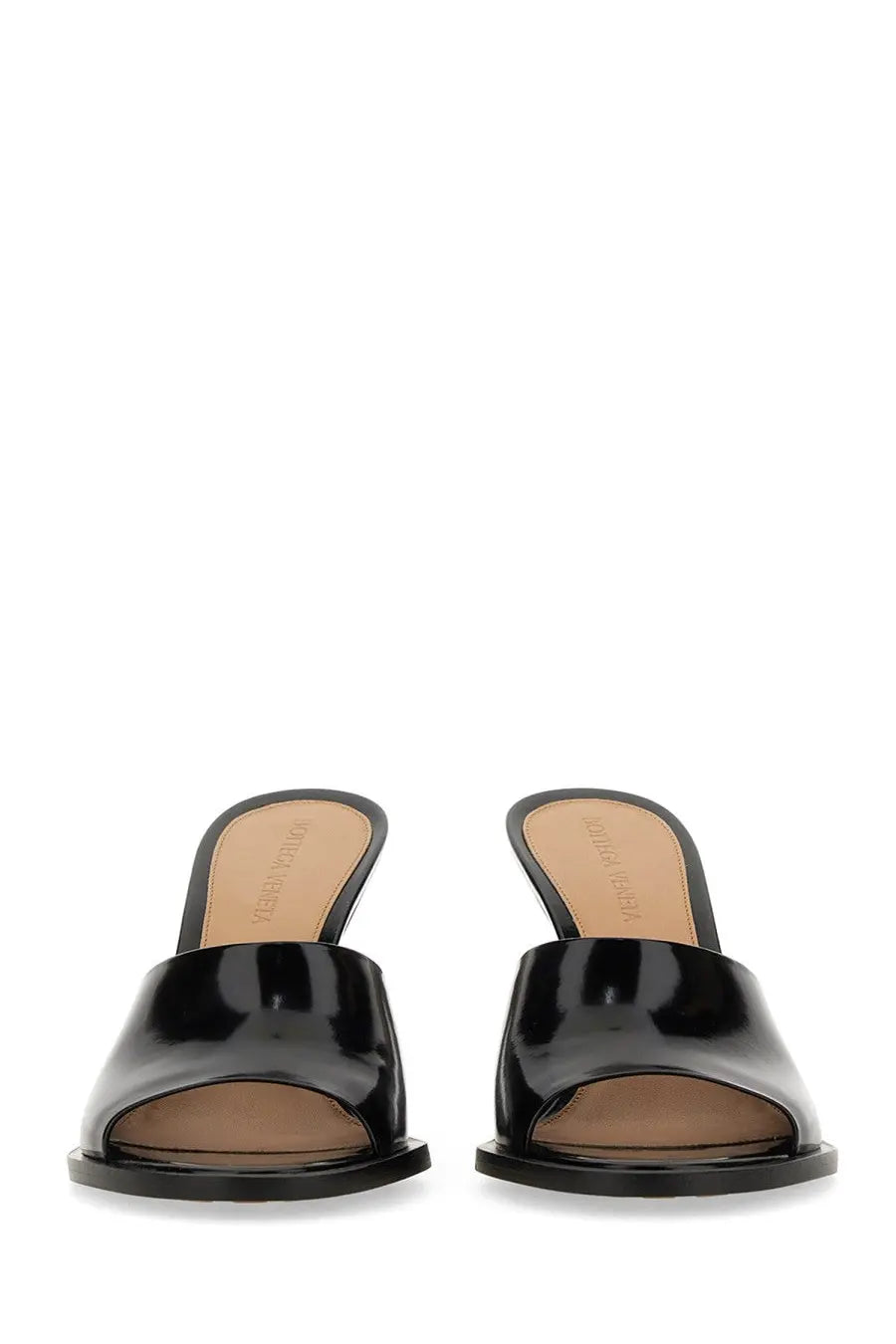 Bottega Veneta women’s mule cha cha black patent leather mules with sleek glossy finish and low block heel