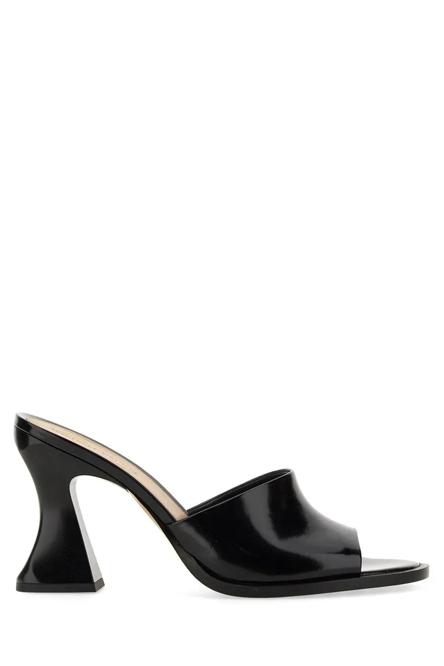 Bottega Veneta women’s black patent leather mule sandal with sculpted block heel shown from the back side