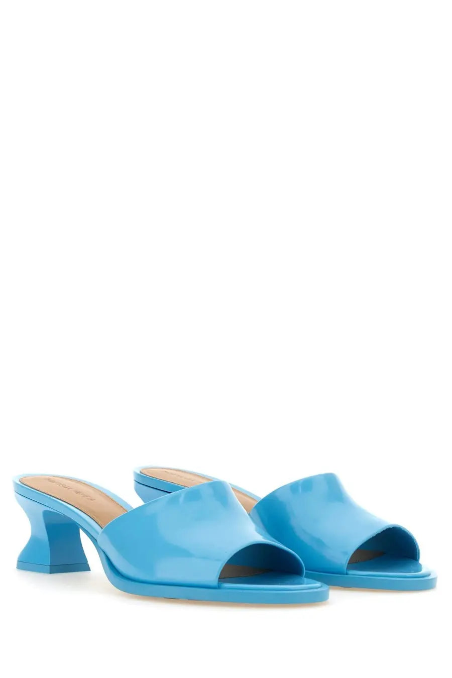 Bottega Veneta women’s mule Cha Cha in bright blue patent leather with a block heel