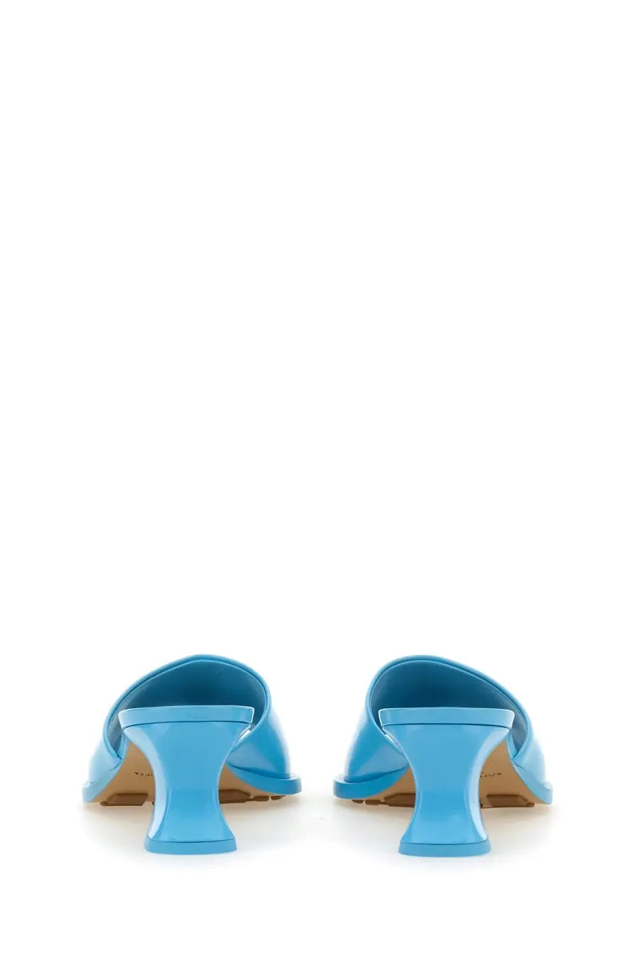 Bottega Veneta women’s mule cha cha in bright blue patent leather with sleek block heel and minimalist design